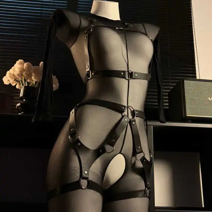 New Hollow Out Black Leather Bandage Open Crotch Bodysuit Women Sexy Lingerie See Through Crotchless Fullbody Stocking Costume
