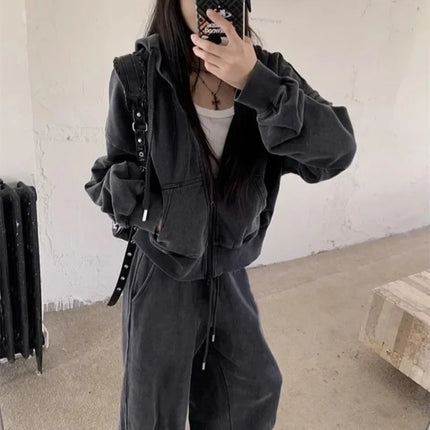 2025 New Women Loose American Zip Hoodie Washed Vintage Black Grey Autumn Winter Fashion Casual Streetwear