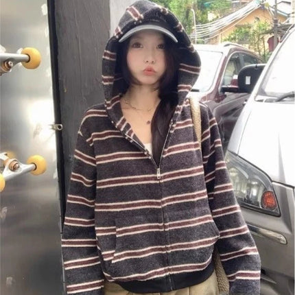 2000S American Vintage Striped Loose Long Sleeve Hooded Sweatshirt Y2k Subculture Casual Zip Up Hooded Cardigan Harajuku Coats