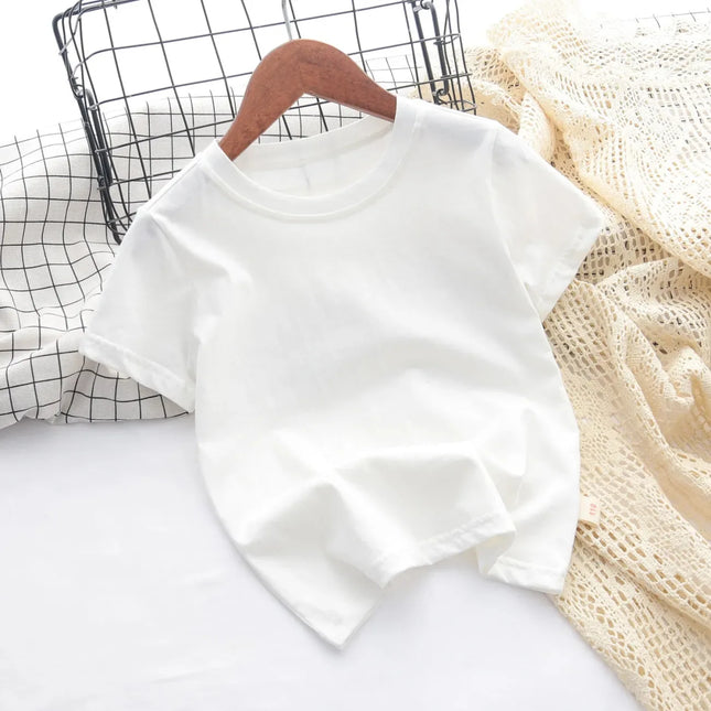 100% Cotton 180gsm Fabric Children Boy Girl T shirt 2025 New Summer Women Short Sleeve T-Shirt Cute Style White Solid Color Tops