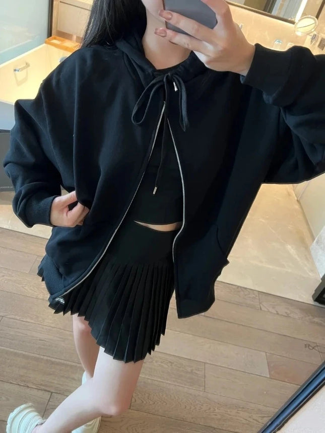 Black Sports Women's Coat Autumn New Cotton Zipper Sweatshirt Outerwear Grey Loose Casual Korean Fashion Classic Hoodies Jacket
