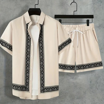 2024 New Men's Summer Holiday Suit Retro Textured Printed Border Shirt Short Sleeve Shorts Two Piece Men's Breathable Pool Suit