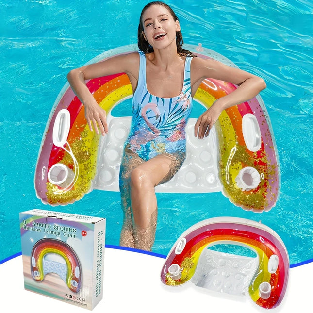 1pc Inflatable U-Shaped Rainbow Glitter Toy ,Water Lounger Sofa, Foldable Floating Bed, Suitable For Pool Party,gift,outdoor