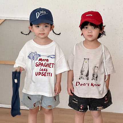Summer Cartoon Animal Kids T-shirt 1-9T Girls Short-Sleeved Loose Boys Cotton Top with Letters Children Clothes