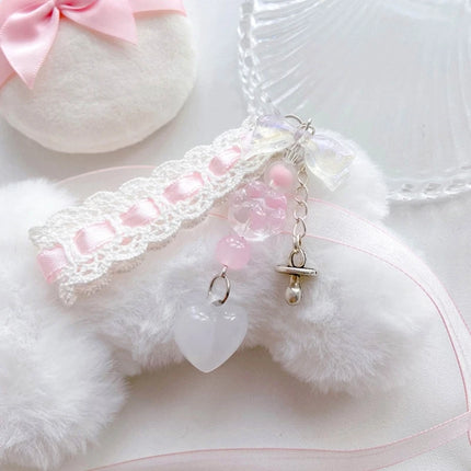 Dainty Lace Ribbon Keyring Cute Heart Pendant Keychain Colorful Beaded Phone Lanyard Multi-Functional Bags Accessories
