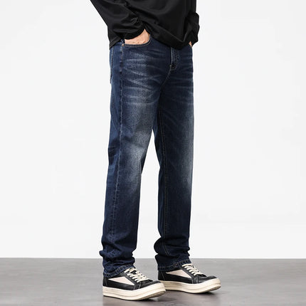 Brand jeans pants Men's Light Business Micro Stretch Straight Fit Denim Pants Vintage All Season Long Pants Deep blue versatile