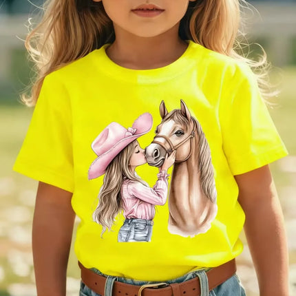 Girl Clothes Cute Girl Kisses Horse Print Summer Short Sleeve Casual Loose Kids Tops Outdoor Girls T-Shirt Children's Clothing