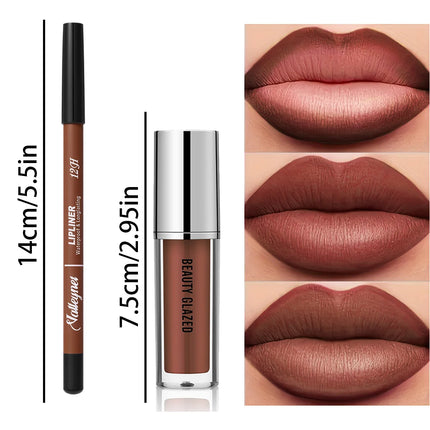 2Pcs/Set Lip Liner + Lipstick, Pink Brown and Purple, Long-lasting Matte, Waterproof and Easy to Apply, Create Daily Makeup