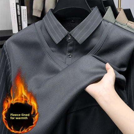 Men's Winter Thickened Fleece Lined Knitwear Polo Shirt Long Sleeve Loose Fit Solid Color Thermal Base Layer Two-Piece Look