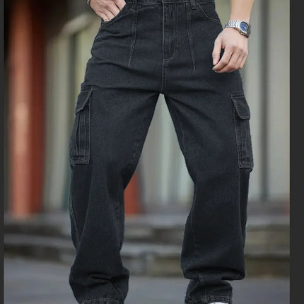 Men's Deep Blue Washed Denim Workwear Jeans Casual Multiple Pockets Design Loose Wide Leg Trousers Y2K Style Cargo Pants