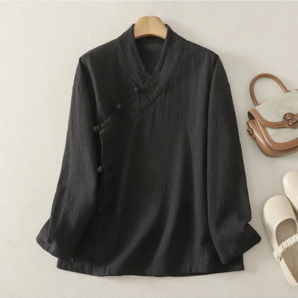 Loose Fit Long Sleeve Shirt New Autumn 2025 Chinese Style Button Zen Study Robe Tea Ceremony Side Buttoned Cotton Linen Shirt