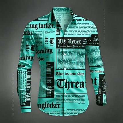 Men's Shirt Long Sleeved Shirt Newspaper Letter Print Retro Casual Single Breasted Shirt Street Style Trendy Men's Top XS-6XL