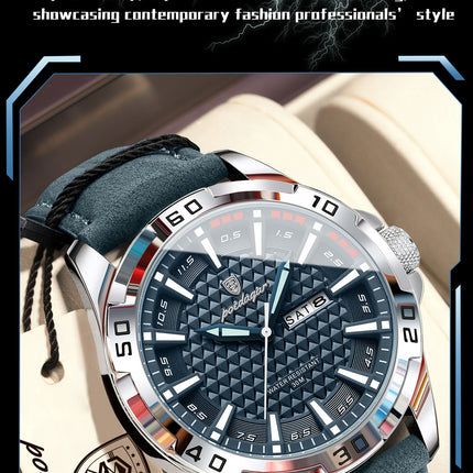POEDAGAR Top Fashion High Quality Men's Watch Waterproof Luminous Date Week Watch for Men Leather Military Men's Quartz Wristwatch