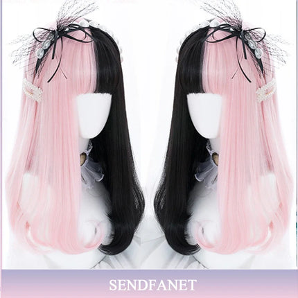 AS Long Straight Black Synthetic Wig For Woman With Bangs Black Cosplay Lolita Wigs Heat Resistant Natural Hair