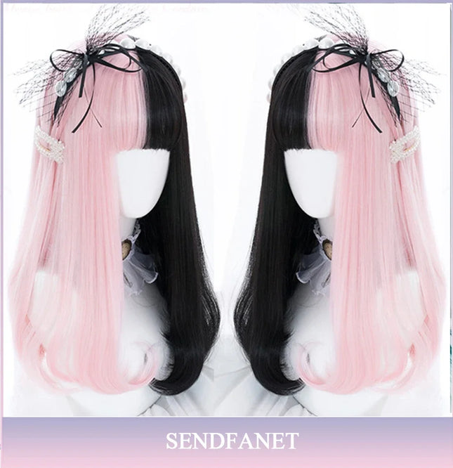 AS Long Straight Black Synthetic Wig For Woman With Bangs Black Cosplay Lolita Wigs Heat Resistant Natural Hair
