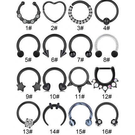 1pc Back Septum Rings Muti-Styles Punk 16gauge Stainless Steel Nose Rings Hoops Septum Clicker Daith Piercing Jewelry