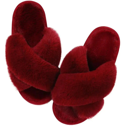 Evshine Women Fuzzy Slippers Fashion Cross Band Memory Foam House Slippers Indoor Outdoor Open Toe Plush Slides Casual Flat Shoe