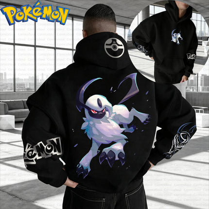 Black Pokemon Hoodie and Pants Set Cotton Anime Absol Character Print Purple Aura Back and Pokeball Chest Design Casual Outfit