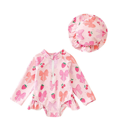 Toddler Girls Long Sleeve Rash Guard Swimsuits with Sun Hat Sets Bow Pattern Zip Up Swimwear Infant Baby Beach Bathing Suits