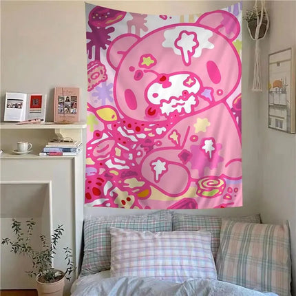 VIKAMA Cute Pink Bear Cartoon Tapestry, Wall Hanging For Living Room, Bedroom, Gaming Room, Dorm And Birthday Party Home Decor