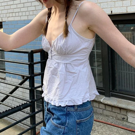 Xingqing Ruffle Top Buttons Y2K Kawaii Women Crop Tops Cute E-girl Short Sleeve T-shirt Sweet Fairy Core Clothes Summer 2024 Vest