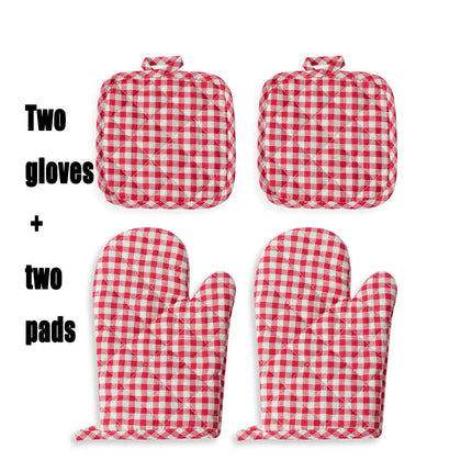 Anti Scald Oven Gloves, Kitchen With Cotton Lining, Thick Gloves Set, Multi-purpose Gloves, Red Checkered Oven Gloves Set