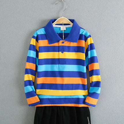 Boy Polos Shirt Kids Clothes Tops Color Stripes Turn-Down Collar Autumn Long Sleeve Polos Baby Boy Camisetas Teen Boys Shirts