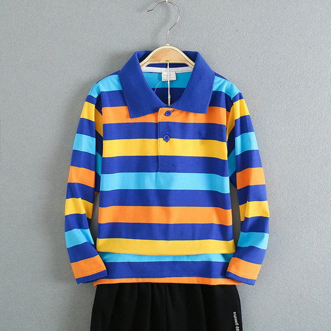 Boy Polos Shirt Kids Clothes Tops Color Stripes Turn-Down Collar Autumn Long Sleeve Polos Baby Boy Camisetas Teen Boys Shirts