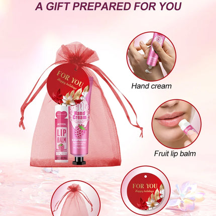 24PCS/box lip balm in bulk, hand cream in bulk thank you card and red gauze bag, wedding gift to guests, Christmas and New Year