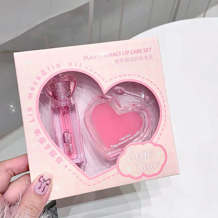 Pink Heart Lip Care Set Moisturizing Reduce Dry Wrinkles Transparent Tint Mirror DUDU Lip Oil Lip Mask Girl Lipstick Makeup Base