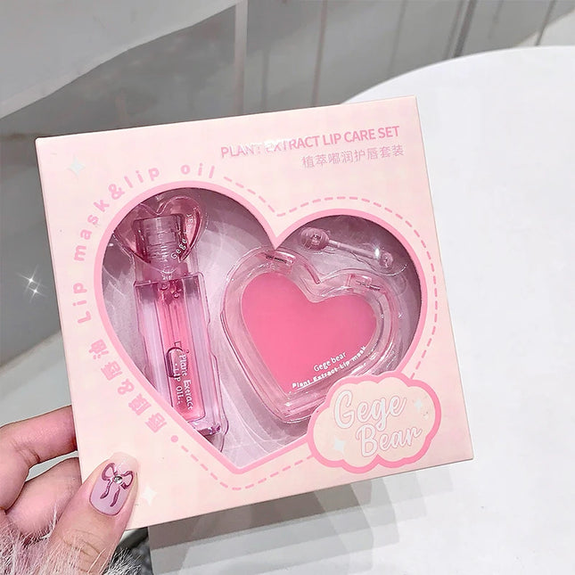 Pink Heart Lip Care Set Moisturizing Reduce Dry Wrinkles Transparent Tint Mirror DUDU Lip Oil Lip Mask Girl Lipstick Makeup Base