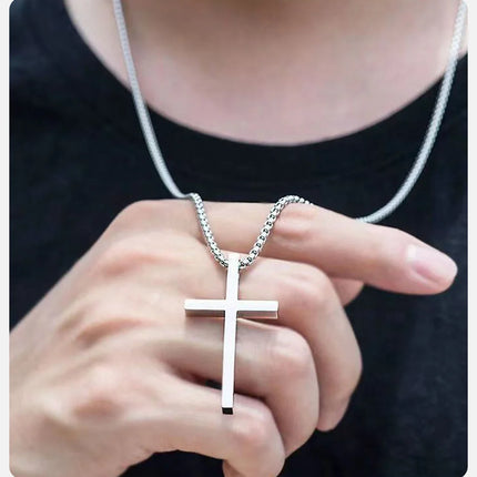 Vnox Cross Necklace for Men Women, Silver Color Plain Cross Pendant Collar with Stainless Steel Box Chain