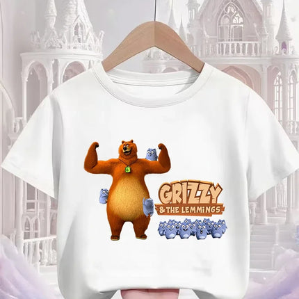 Hot Cartoon Grizzy and the Lemmings T-Shirt 3-14Y Boys Girls Summer Cute Kawaii Fashion Street Casual Crew Neck