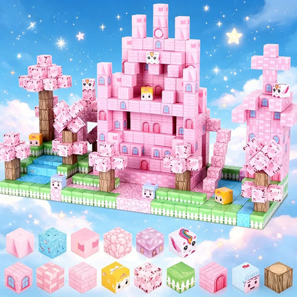 Magnetic Building Blocks Mine World Pink Girly Heart Blossom Cave Plant  Architecture Cubes Set Brick Cube Toys Children Gifts