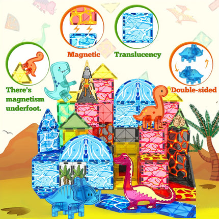 Magnetic Building Block Toys, Magnetic Tiles, Dinosaur Volcano Theme, Creative Blocks Suitable for Birthday Holiday Gifts