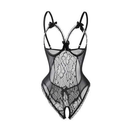 Fashion Deep V Lace Bow Bodysuit Mesh Hollow Transparent Lace Sling Nightwear Open Crotch Backless Sleeveless Jumpsuits Gifts