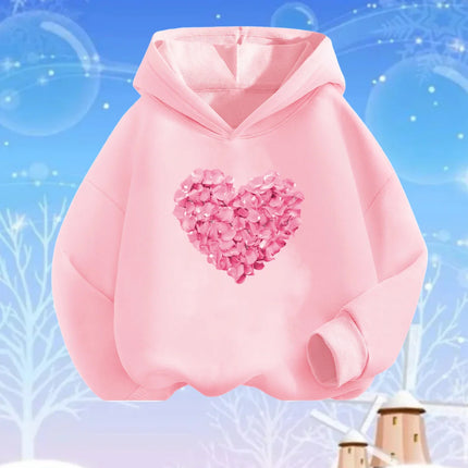 Pink Heart Flower Print Hoodies Girls Long Sleeve Pullover Loose Sweatshirt Spring Autumn Cotton Basic Top Fashion Clothes