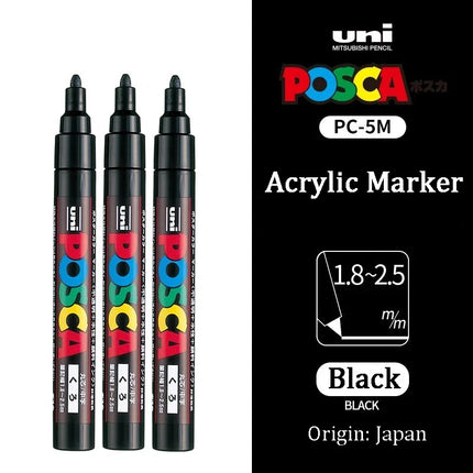 3pc UNI POSCA Marker Pen,White rotulador permanente Black Acrylic Graffiti PC 1M 3M 5M POP Pen For Glass Ceramic Leather Fabric