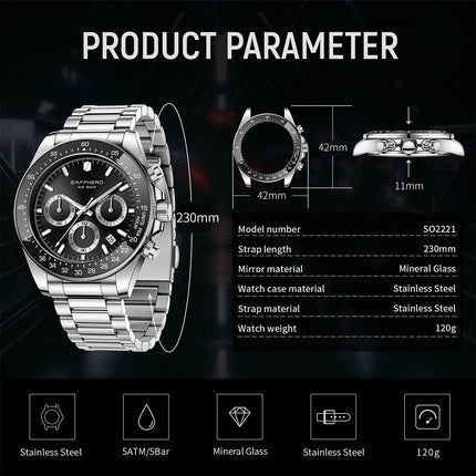 SAPPHERO Fashionable Men's Watch Date Display 5ATM Waterproof Watch Stainless Steel Watch Strap Men's Gift Watch For Men
