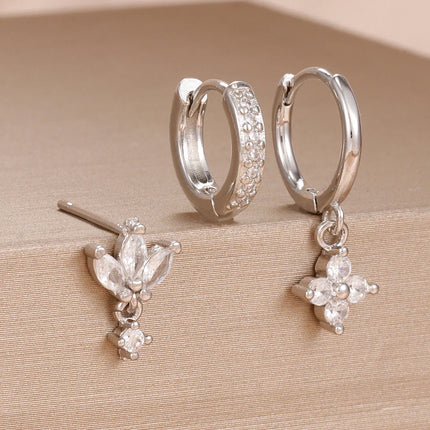 3PCS Fashion Orange Blue Zircon Hanging Earrings Set for Women Stainless Steel Flower Dangle Earring Piercing Jewelry