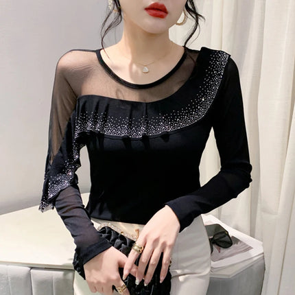 2025 Autumn New Style Mesh Tops Korean Fashion Round Neck Ruffles Shirt Lotus Leaf Edge Hot Diamond Long Sleeve Women T Shirt