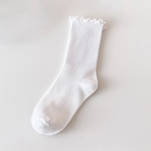 Cotton Socks for Women Girls Ruffle Top Solid Color Spring Autumn Breathable Soft Mid-calf Sock 1 Pair or 2 Pairs