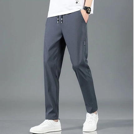 Summer Ice Silk Men's Pants Elastic Straight Leg Sweatpants Black Gray Thin Business Casual M-5XL Outdoor Breathable