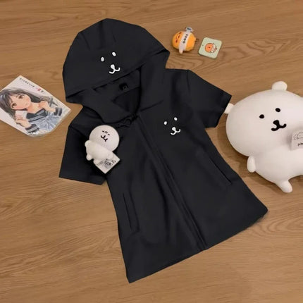Deeptown Japanese Style Kawaii Hoodies Women Cartoon Lolita Short Sleeve Sweatshirt Cutecore Oversize Casual Zipper Cardigan