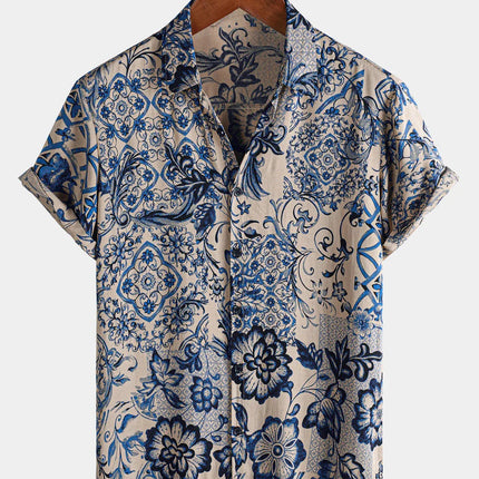 Summer Mens Striped Floral Patchwork Hawaiian Shirt 3D Print Short Sleeve Pocket Casual Oversized Beach Camisa Havaiana Listrada