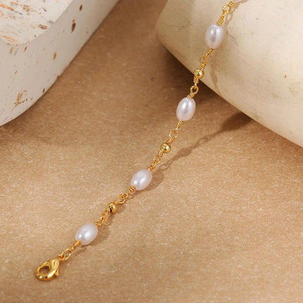 14K Gold Plated Pearl Bracelets Women Dainty Pearl Chain Bridesmaid Bracelets, Waterproof Wedding Jewelry for Women Adjustable