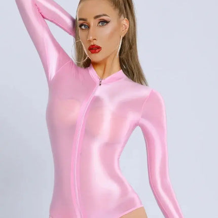 New Glossy Shiny Long Sleeve Swimsuit Zipper Crotch Bodysuit Tights Body Teddies Sukumizu High Elastic Leotard Unitard Tshirt