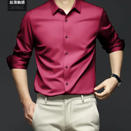 S-6XL Men's Long Sleeve Shirt Luxury Wrinkle Resistant Pure White Shirt Business Dress Casual Ice Silk Glossy Shirt