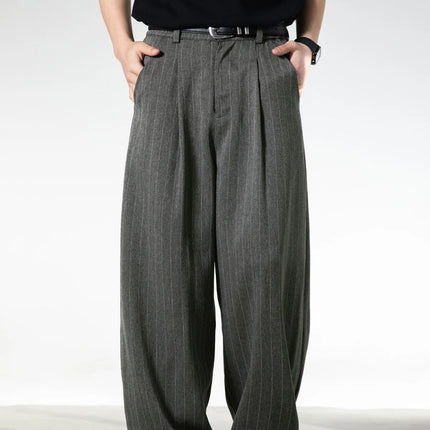 Retro Striped Drape Trousers for Men Loose-Fit Old Money Style Casual Trousers Straight-Leg Long Trousers