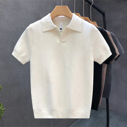 Men's Polo Neck Short Sleeve Knitted Sweater Slim Fit Summer Fashion Turn-down Collar Base Shirt Casual Style Pure Color